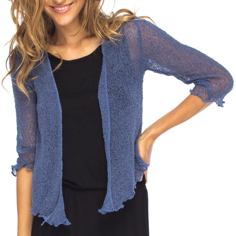 Back From Bali Womens Lightweight Knit Cardigan Shrug Lite Sheer Blue Jean - Image 1